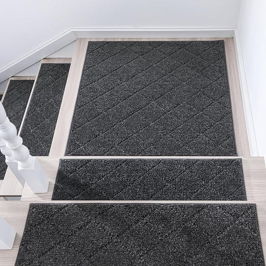 COSY HOMEER Edging Stair Treads Non-Slip Corner Indoor Stair Runners for Wooden Steps,Landing Slip Resistant Stair Rugs Mat for Kids and Dogs,100% Polyester TPE Backing,Black,30x30 inch