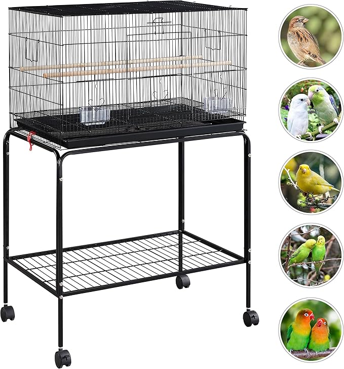 Yaheetech 47-inch Rolling Breeding Flight Bird Cages for Parakeets Budgies Finches Cockatiels Conures Lovebirds Canaries Parrots w/Detachable Stand, Black