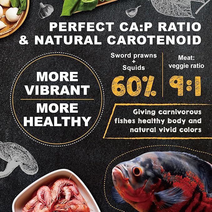 Royal Cichlid Premium Sinking Fish Food, Wild Sword Prawns, All Natural Ingredients, Carnivore Pellets for Large Tropical Fish, 16 oz