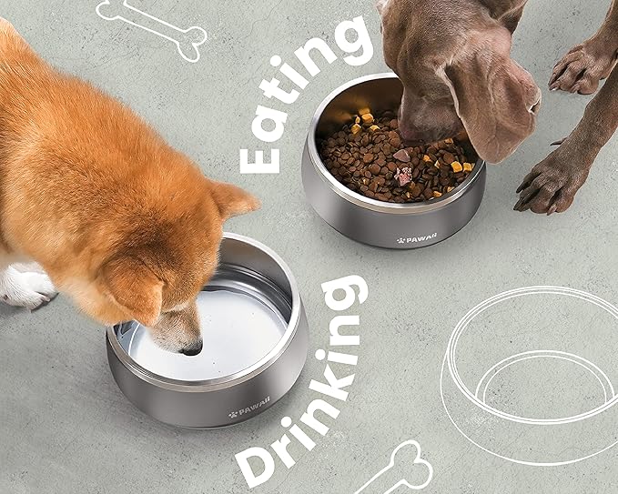 Pawaii Stainless Steel Dog Bowl with Non-Slip Rubber Base & Double Wall Insulation - Durable Design | Includes ID Tag | Dishwasher Safe Food & Water Bowl for All Dogs (34oz)