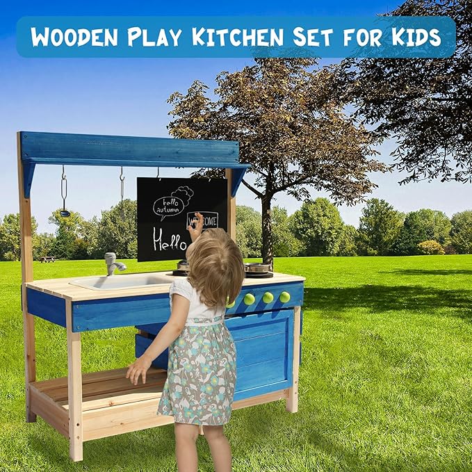 Mud Kitchen Playset for, Outdoor Wooden Toy Play Kitchen Set for Boys and Girls, Kitchen Accessories and Garden Sink with Faucet, Blackboard, Cookware Pot (Blue)