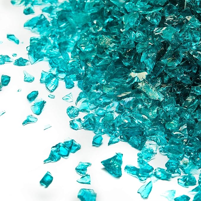 TWINKLING High Luster Fire Glass Gravel Stone Glitter,Broken Glass,Fire Gems Chips,Crushed Glass for Fire Pit Crafts Resin Art Aquarium Garden Decoration,3-6mm,1-Pound Jar (Turquoise)