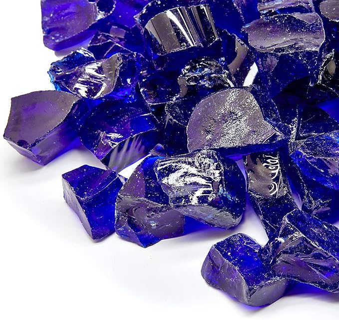 TWINKLING High Luster Fire Glass Gravel Stone,Broken Glass,Fire Pit Glass,Crushed Glass for Fireplace Pit Aquarium Garden Decoration,1-3cm,2-Pound Jar (Cobalt Blue)