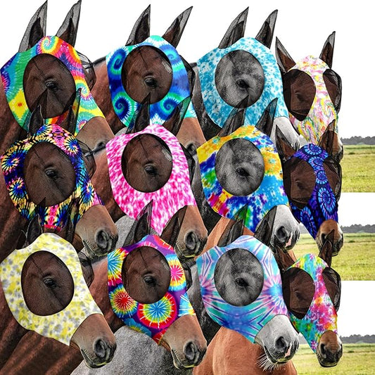 Qualirey12 Pieces Horse Fly Mask Bulk Comfortable Elasticity Mask for Horses with Ears Net UV Protection Breathable Face Covering for Pony and Foal(Large, Tie Dye Patterns)