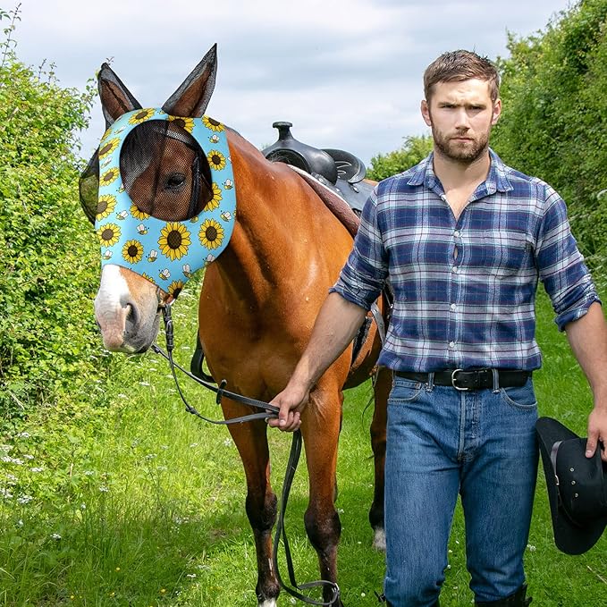 Chunful 6 Pcs Horse Fly Masks for Horses with Ears Smooth and Comfortable Fly Masks Cashel Fly Mask Elasticity Horse Face Mask Horse Masks Covering for Horses Riding Supplies(Large, Floral)