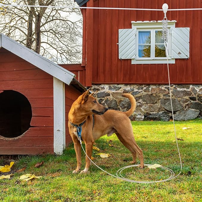 75ft Dog Runner for Yard Large Dog Heavy Duty with Double Shock Absorbers Tangle-Free Aerial Trolley System for Large Dogs Up to 250lbs(Silver)
