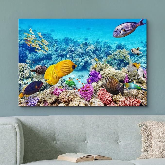 wall26 Canvas Print Wall Art Vibrant Teal Underwater Fish Coral Reef Nature Animals Photography Realism Rustic Scenic Landscape Wilderness Earth Colorful for Living Room, Bedroom, Office - 24"x36"