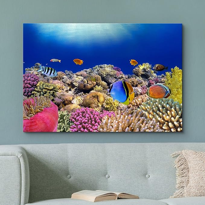 wall26 Canvas Print Wall Art Vibrant Coral Reef Anemone Fish Ecosystem Nature Animals Photography Realism Rustic Scenic Landscape Wilderness Earth Colorful for Living Room, Bedroom, Office - 32"x48"