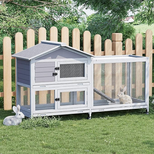 Rabbit Hutch 2-Tier, Small Wooden Chicken Coop with Wheels for Outdoor Use - Weatherproof Small Animal Hutch with Non-Slip Ramp, 4 Access Doors & Removable Tray for Rabbits, Guinea Pigs, Ferrets