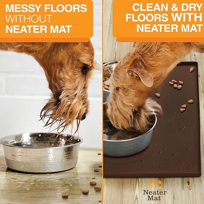 Neater Pet Brands Neater Mat Pet Mats for Food and Water, Cat & Dog Bowl Mat Waterproof Silicone, Feeding Tray, Dog Food Mats for Floors, Placemat w/Raised Edge for Under Bowls, 16” x 10”, Brown