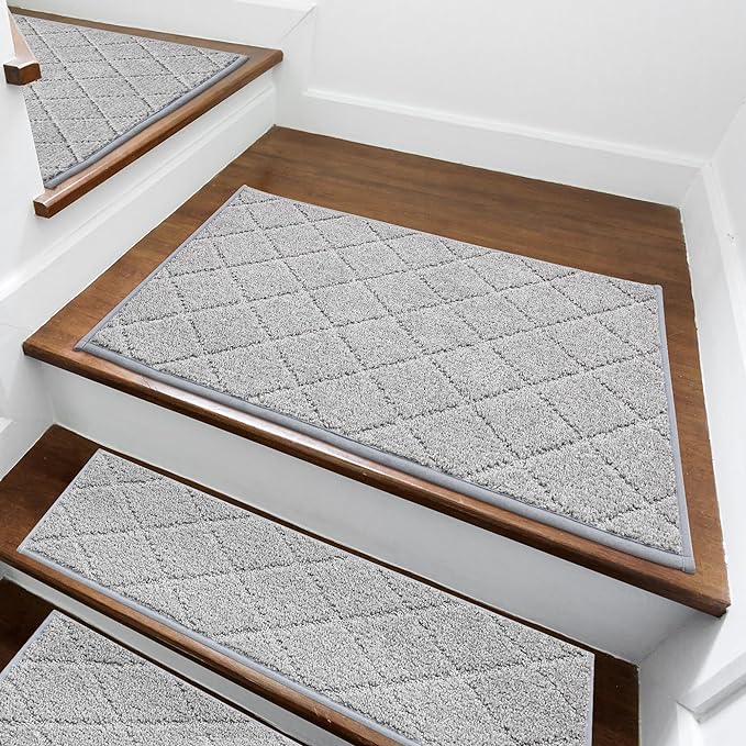 COSY HOMEER Edging Stair Treads Non-Slip Corner Indoor Stair Runners for Wooden Steps,Landing Slip Resistant Stair Rugs for Kids and Dogs, 100% Polyester TPE Backing,Grey,20"X32"