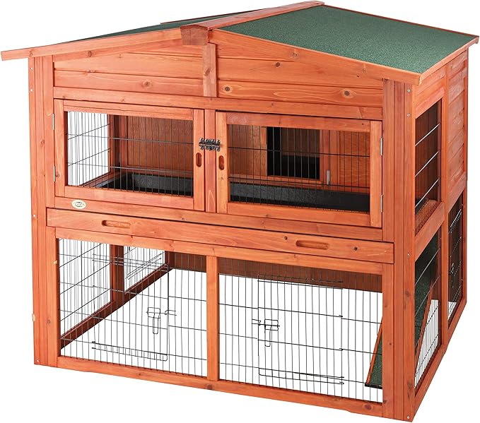 TRIXIE natura Outdoor Deluxe Rabbit Hutch with Run - Large 2-Story Rabbit Cage with Non-Slip Ramp - Elevated Small Animal House with Secure Playpen, Hinged Roof & Two Pull-Out Trays - in Natural