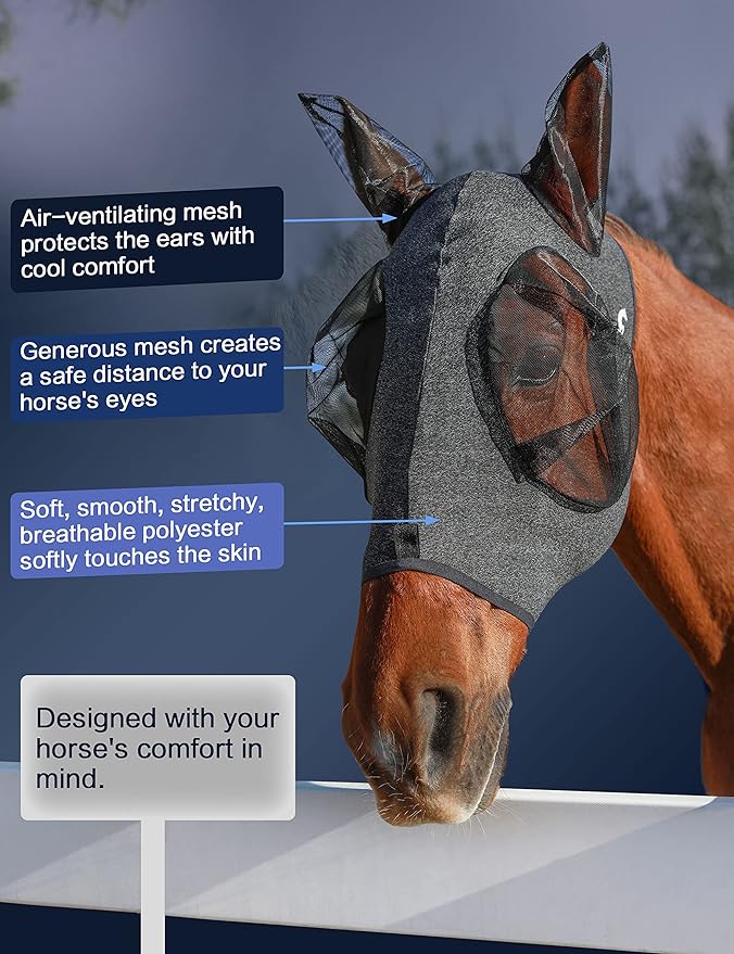 Horse Fly Mask with Ears, UV Protection Mask for Horses, Elasticity Mask with Big Mesh Eye Covers, Snug Fitting Comfortable Breathable Lightweight Dappled Gray Cob