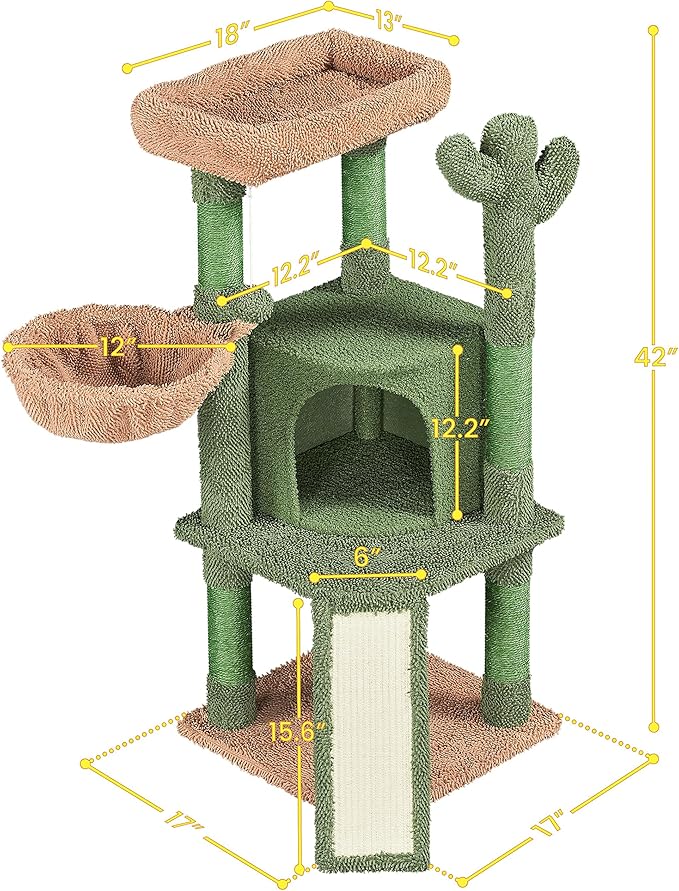 Yaheetech Cactus Cat Tree, 42in Cat Tower for Indoor Cats, Multi Level Kitten Condo Scratching Post, Cat Activity Center Pet Furniture w/Ball, Plush Perch, Platform, Basket