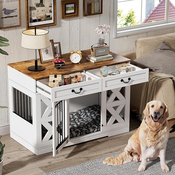Large Dog Crate Furniture - Dog Kennel with Drawers Storage and Locks, 2-in-1 Crates for Dogs Indoor, Heavy Duty Dog Crate for One Large or 2 Small Dogs