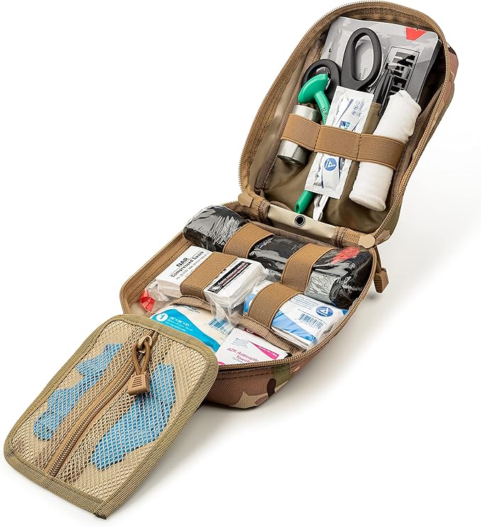 Scherber Premium IFAK Kit Trauma Pack Fully Stocked MOLLE Pouch w/CAT Tourniquet, HyFin Vent Chest Seal, & Israeli Bandage Trauma Kit for Emergency, Gunshot, Bleeding, & Major Wound Care (Camouflage)