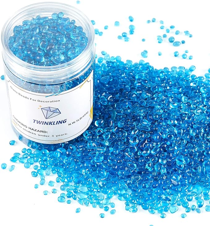 TWINKLING High Luster Round Fire Glass Stones Marbles Beads Gems for Fire Pit Vase Fillers Crafts Aquarium Garden Decoration, 3-6mm, 1-Pound Jar (Ocean Blue)
