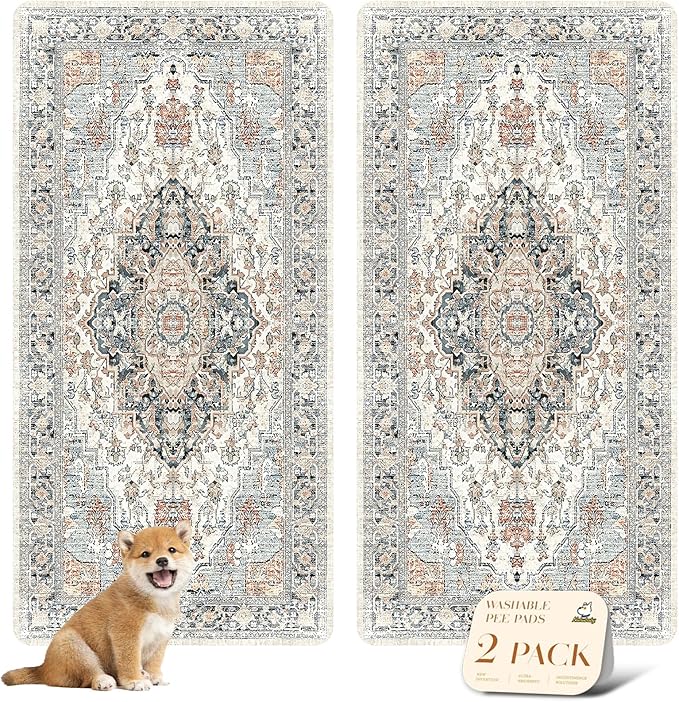 nunubaby Washable Pee Pads for Dogs, Stylish, Non-Slip and Leak-Proof Pee Pads. Reusable Potty Pads for Dogs for Crates and Floors.(Beige/Multi, 36" x72" )