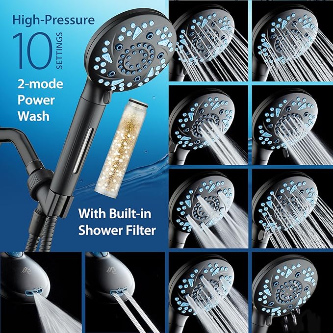 AquaCare High Pressure 10 Spray Mode Filtered Showerhead - Handheld Shower Head Filters Chlorine to Heal Dry Skin, Revive Hair - Dual Power Wash Cleans Tub, Tile, Pets - Hard Water Softener, Black