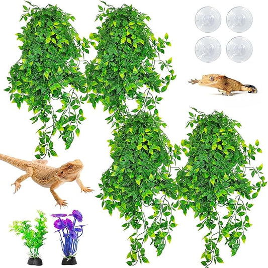 Hamiledyi Reptile Plants, 4 Pack Fake Amphibian Plants, Artificial Leaves Habitat Decorations with Suction Cup for Bearded Dragon Lizard Geckos Chameleon