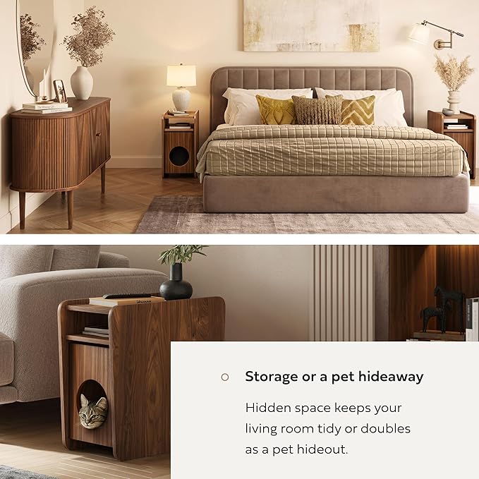 WERMO 12'' Narrow End Table for Living Room - Small Side Table with Shelf, Magazine Holder and Storage Doubling as Cat Hideaway for Couch, Chair and Bedside. Wood Night Stand for Bedroom (Walnut)