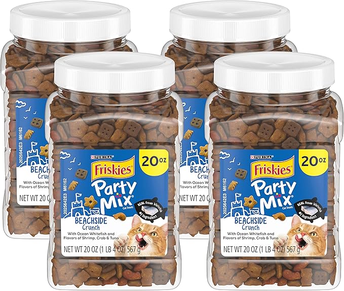 Purina Friskies Party Mix Cat Treats, Beachside Crunch, Made with Ocean Whitefish, Crunchy Cat Treats for Adult Cats, 20-Ounce Resealable Canister (Pack of 4)