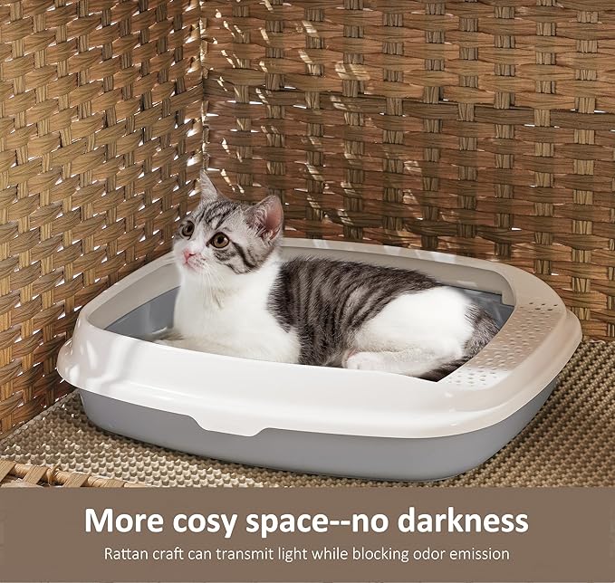 Cat Litter Box Enclosure with Soft Litter Mat; Hidden Cat Washroom Furniture with Door; Handwoven Rattan Kitten House with Large Space; Pet Crate for Living Room, Bedroom, Balcony (Natural)