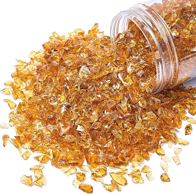 TWINKLING High Luster Fire Glass Gravel Stone Glitter,Broken Glass,Fire Gems Chips,Crushed Glass for Fire Pit Crafts Resin Art Aquarium Garden Decoration,3-6mm,1-Pound Jar (Deep Amber)