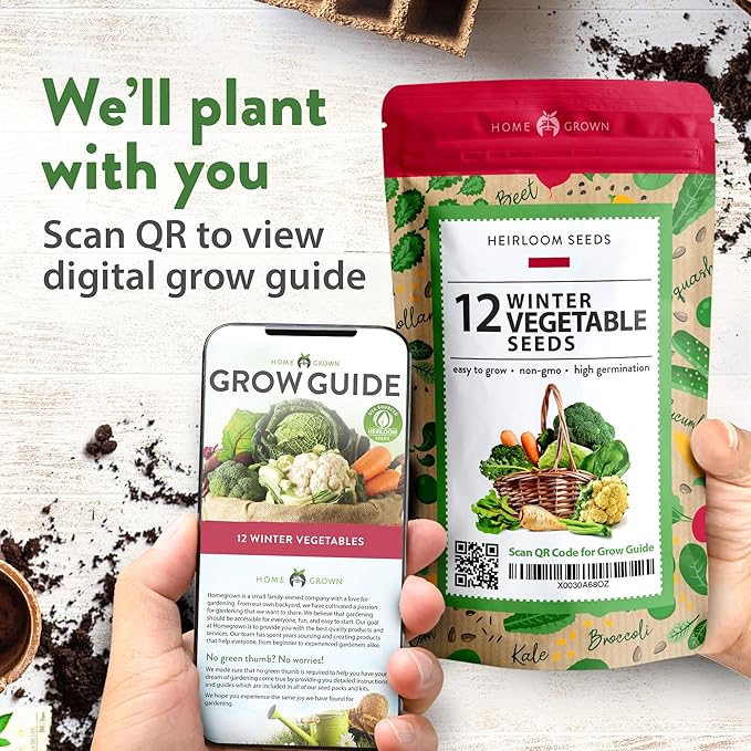 HOME GROWN 12 Winter Vegetable Seeds 𝗡𝗢𝗡-𝗚𝗠𝗢 Heirloom,Fall & Winter Vegetable Seeds for Planting Home Garden: Bean, Beet, Broccoli, Cabbage, Carrot, Cauliflower, Kale,Parsnip,Squash,Chard & More