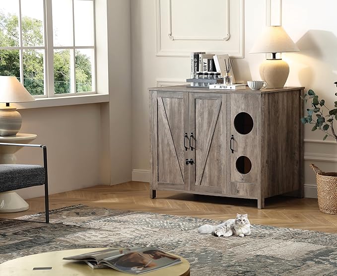 Cat Litter Robot Enclosure, Automatic Litter Box Enclosure for Litter Robot 3/4,Cat-Exclusive entrace for Dog Proof and Fun,Charging Station for cat Litter Cabinet,Litter Collector and Lock,Grey