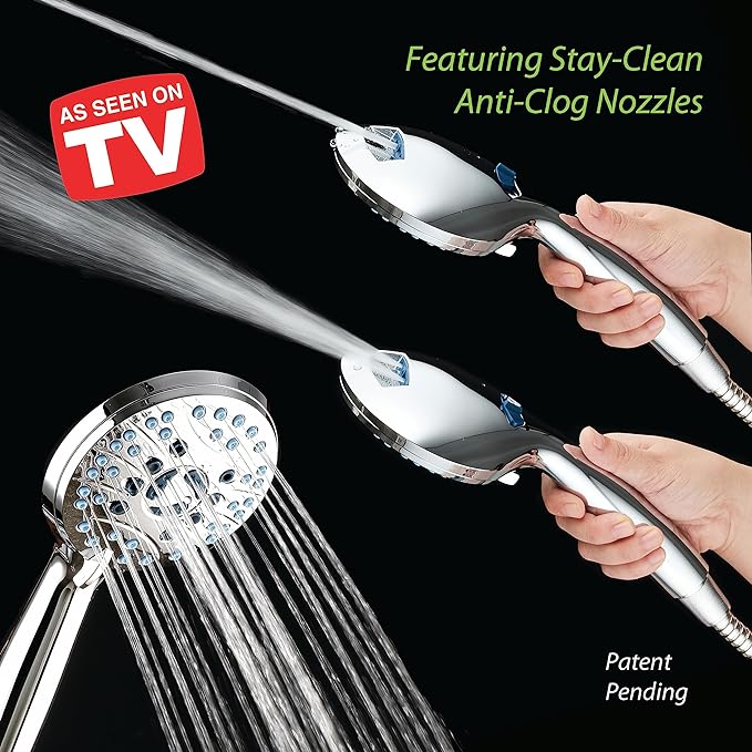 Hotel Spa AquaCare As-Seen-On-TV High Pressure Handheld/Rain 50-mode 3-way Shower Head Combo with Adjustable Arm - Anti-clog Nozzles, Tub & Pet Power Wash, 6 ft. Hose, All Chrome Finish