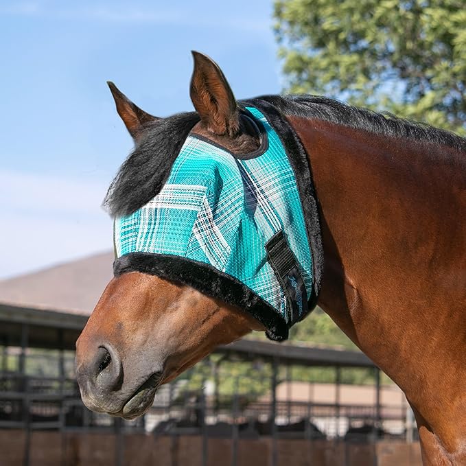 Kensington Fly Mask with Fleece Trim for Horses — Protects Face and Eyes from Flies and Sun Rays While Allowing Full Visibility — Breathable and Non Heat Transferring, Large, Atlantis