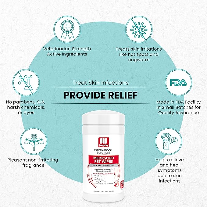 Nootie Medicated Dog Wipes, 2% Chlorhexidine and 2% Miconazole Formulated Pet Wipes for Dogs and Cats - 5"x 6" Size XL Wipes - 70 Count - Sold in Over 10,000 Vet Clinics and Pet Stores Worldwide