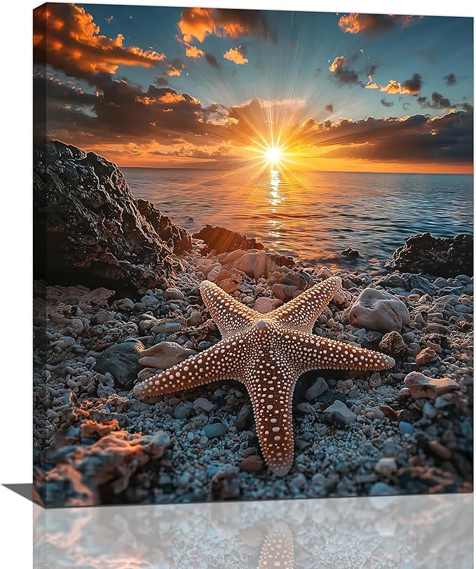 Beach Starfish Wall Decor Ocean Starfish Wall Art Sunset Scenery Coastal Theme Pictures Canvas Nature Seascape Painting Print Framed Artwork Decorations for Home Bathroom Living Room Bedroom Office 24"x20"