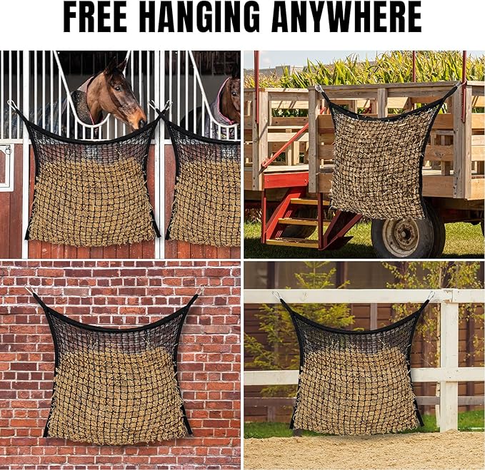 2 PCS Slow Feed Hay Net for Horses, Large Capacity Hay Bags for Horses Goats Sheep Donkey Trailer Full Day Feeding, Easy to Fill and Hang, Black, 35 x 31 Inch