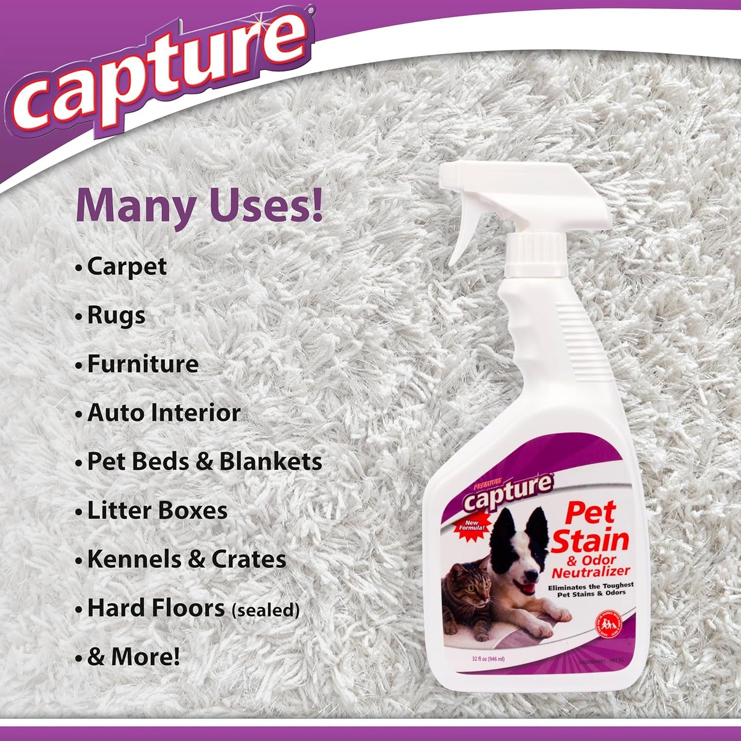 Capture Pet Stain & Odor Neutralizer - Pet Stain Remover for Carpet, Wood, Leather, Rug, Bed, Couch, Car, Upholstery, Clothes, Curtains, Wall, Floor, Concrete - 32oz Portable Spray Bottle