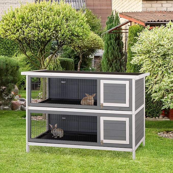 PawHut 54" 2-Story Large Rabbit Hutch Bunny Cage Wooden Pet House Small Animal Habitat with Lockable Doors, No Leak Tray and Waterproof Roof for Outdoor/Indoor Dark Grey