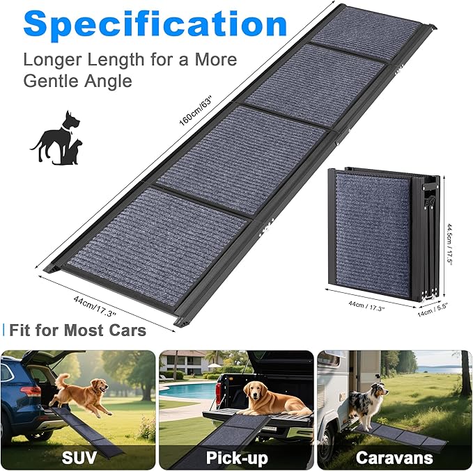 AQUILLA Dog Ramp for Car, 63" Folding Portable Dog Ramp with Non-Slip Rug Surface, Extra Wide Pet Ramps for Cat & Dogs Get on Bed, Cars, Stairs,Pick Up Trucks, Up to 250LBS (63" L x 17.3" W)