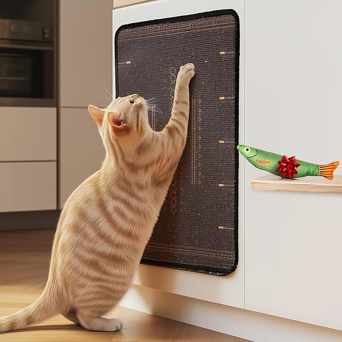 SCRATCHABLE Sisal Cat Scratcher, [+ Catnip Fish Toy] Cat Wall Scratcher, Couch Protector from Cat Scratching, 24 X 15.8 with 12 Adhesive Velcro Stripes. (Black Patterns)