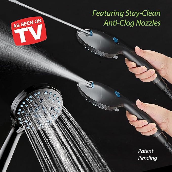Hotel Spa AquaCare High Pressure 8-mode Handheld Shower Head, Anti-clog Nozzles - Built-in Power Wash to Clean Tub, Tile & Pets, Extra Long 6 ft. Stainless Steel Hose, Wall & Overhead Brackets