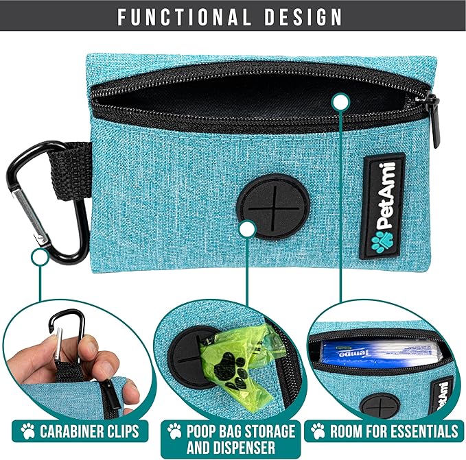 PetAmi Dog Poop Bag Holder for Leash, Dog Waste Bag Dispenser with Clip, Doggy Walking Accessories with Trash Bag Roll, Blue 1 Pack