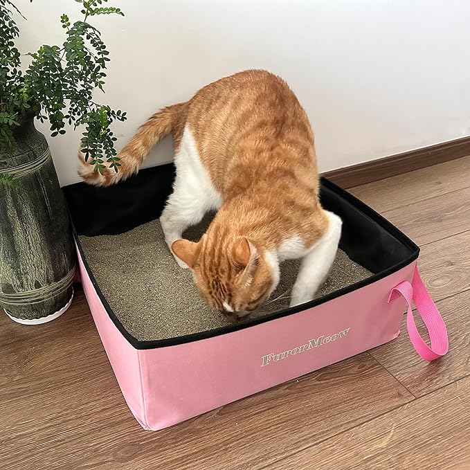 Pink Portable Cat Litter Box, Firm Waterproof Foldable for Travelling for Cats, Including Crinkle Ball, Poop Bags, Foldable Bowl and Scoop, 15.8x15.8x5.9 inches