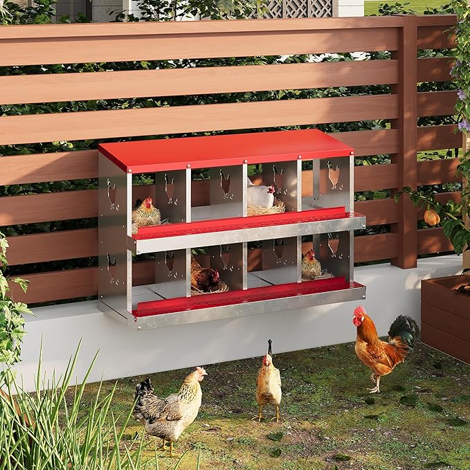 8 Hole Chicken Nesting Box with Roll Out Egg Tray, Rustproof & Ventilated Chicken Laying Boxes for Hens, Chickens, Ducks | Easy-Clean Poultry Coop Accessories
