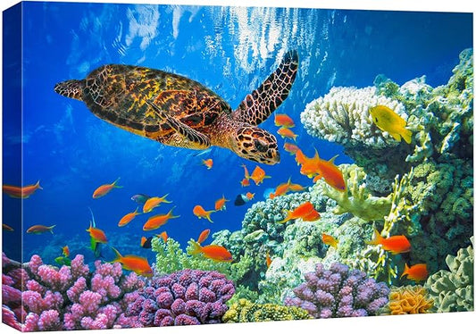 wall26 Canvas Print Wall Art Vibrant Neon Underwater Turtle, Reef & Fish Nature Animals Photography Realism Rustic Scenic Landscape Wilderness Colorful for Living Room, Bedroom, Office - 12"x18"