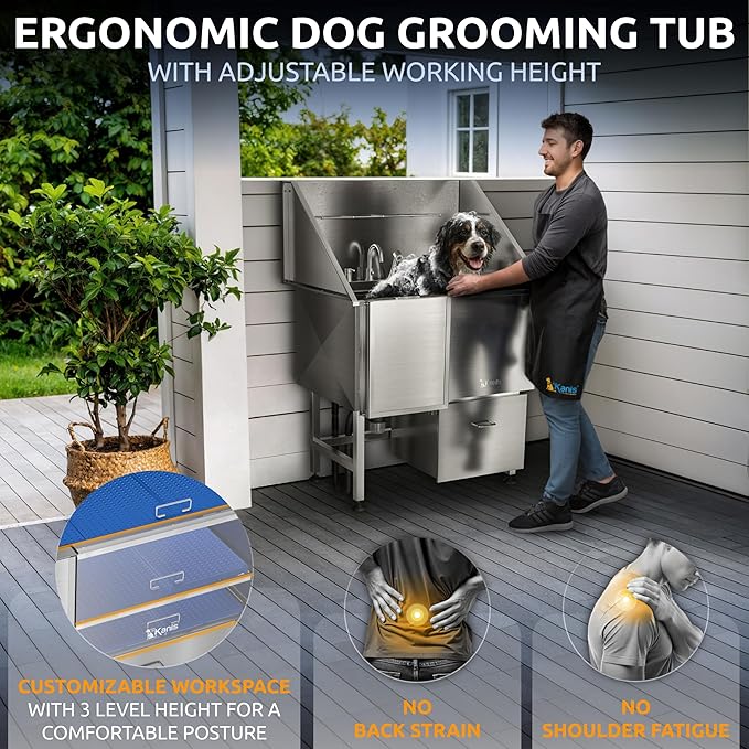 KANIS Professional Stainless Steel Dog Bathing Station - Grooming Tub w/Ramp, Storage Drawer, Floor Grate & Faucet/Dog Bathtub for Large, Medium & Small Pets (40", 1 Drawer - Left RAMP)