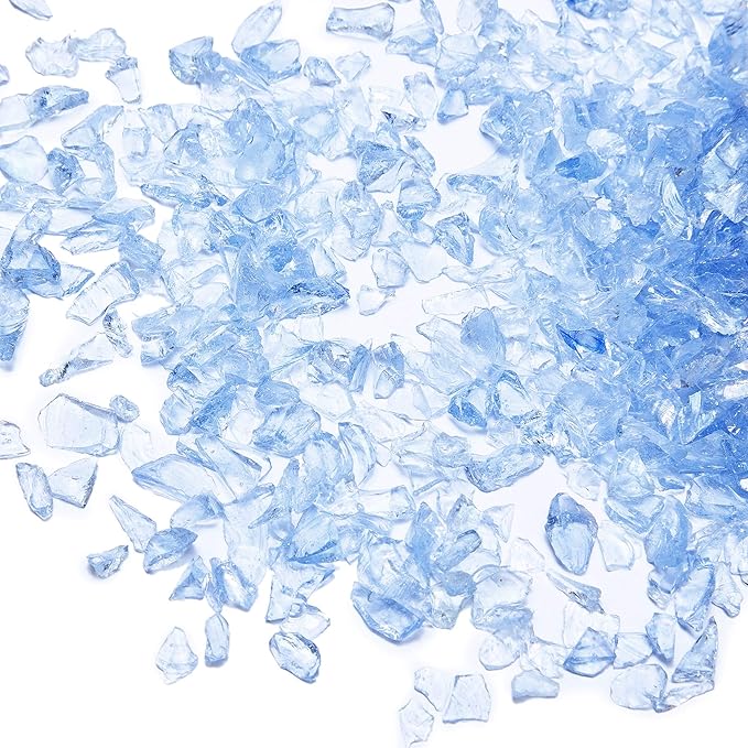 TWINKLING High Luster Fire Glass Gravel Stone Glitter,Broken Glass,Fire Gems Chips,Crushed Glass for Fire Pit Crafts Resin Art Aquarium Garden Decoration,3-6mm,1-Pound Jar (Light Blue)