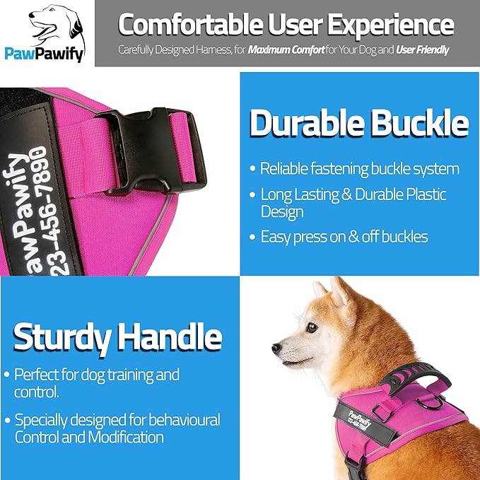 PawPawify Custom No Pull Dog Harness with Name and Phone Number, Heavy Duty Personalized Pet Vest to Prevent Tugging, Pulling, or Choking, Training and Walking (New Pink, S (10-19LBS))