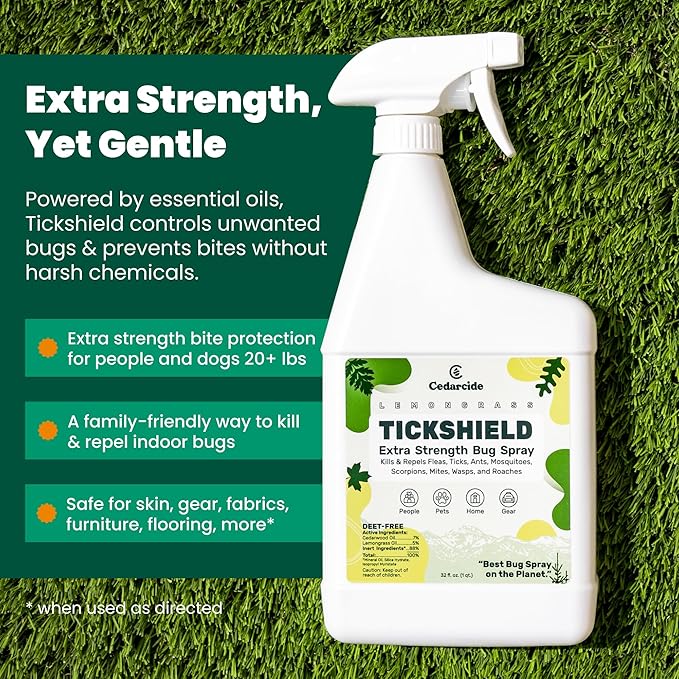 Cedarcide Extra- Strength Tickshield | Deep Woods Cedar Oil Tick & Mosquito Repellent Spray Kills & Repels Ticks, Fleas, Chiggers and Mosquitoes| For People & Pets | Natural Essential Oils | Quart