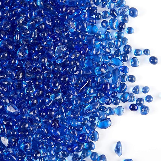 TWINKLING High Luster Round Fire Glass Stones, Marbles, Pebbles, Beads Gems for Fire Pit Vase Fillers Crafts Aquarium Garden Decoration, 3-6mm, 1-Pound Jar (Cobalt Blue)
