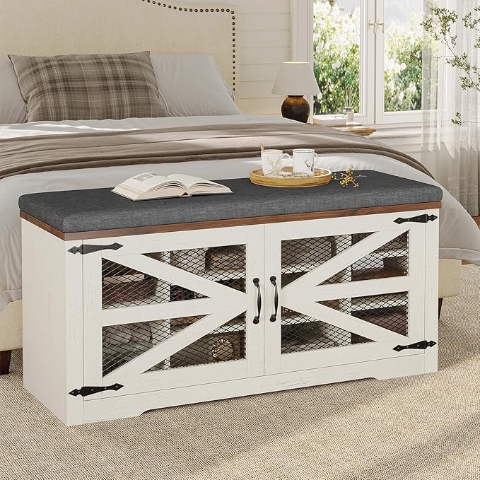 Farmhouse Storage Bench with Cushion, Metal and Wood Shoe Rack Organizer, Adjustable Shelf, Shoe Cabinet with Half Hidden Storage Space, for Entryway, Bedroom, Living Room (Old White, 43.3in)